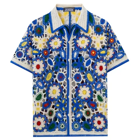 Men's Hollow Out Crochet Knit Polo Shirt Colorful Floral Pattern Short Sleeve Button Cardigan Summer Streetwear Top