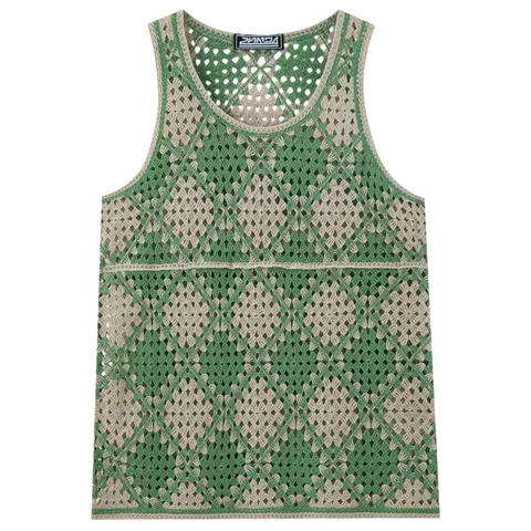 Men Retro Argyle Hollow Out Crochet Knit Vest Sleeveless V-Neck Color Block Casual Streetwear Acrylic Sweater Top For Men