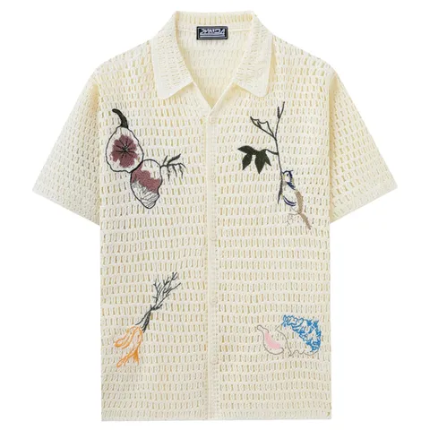 Men Casual Hollow Out Knitted Polo Shirt Embroidery Short Sleeve Cardigan Breathable Summer Acrylic Knit Top