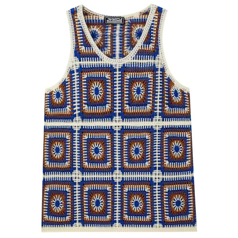 Men Vintage Granny Square Jacquard Knitted Vest Sleeveless Casual Crochet Tank Top Royal Blue Geometric Summer Top