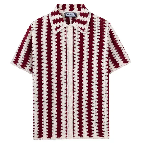 Polo de Punto de Crochet a Rayas Retro para Hombre Rojo Blanco Manga Corta Cárdigan Casual Top de Playa de Verano SJ0042