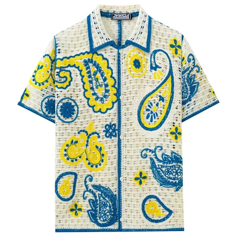 Men's Vintage Crochet Knitted Polo Shirt Hollow Out Thin Short Sleeve Jacquard Cardigan Paisley Floral Casual Vacation Top