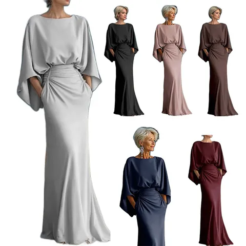 Elegant Women European Style Backless Maxi Dress Batwing Sleeve Pleated Waist Long Dress With Pockets Slim Fit Banquet Party Formal Dress