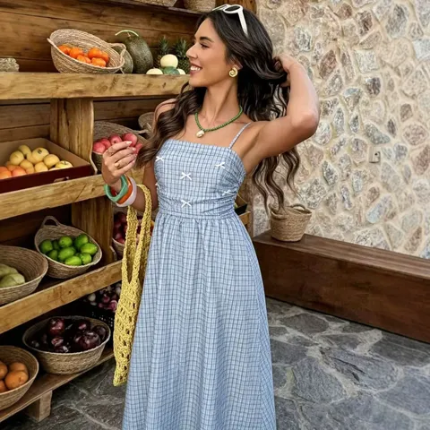 Robe Longue Cami à Carreaux Bleu Été pour Femmes Style Pastoral Doux Sans Manches Taille Haute Nœud Papillon Longue Robe