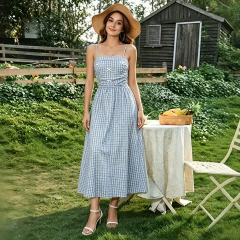 Robe Longue Cami à Carreaux Bleu Été pour Femmes Style Pastoral Doux Sans Manches Taille Haute Nœud Papillon Longue Robe