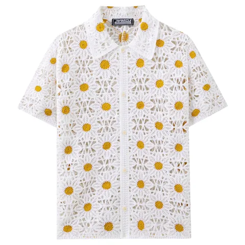 Men Vacation Style Daisy Jacquard Hollow Out Knit Polo Shirt Summer Casual Short Sleeve Button Up Top For Men White Yellow