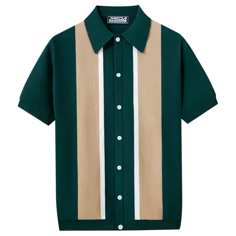 Men Business Casual Viscose Knitted Polo Shirt Color Block Short Sleeve Cardigan Lapel Summer Top