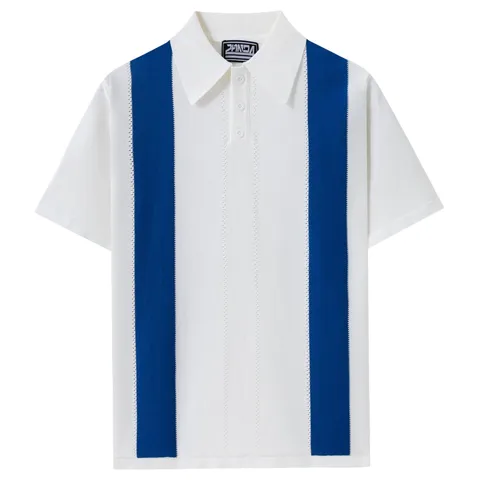 Polo da Uomo in Maglia Casual Viscosa a Righe Colore a Contrasto Revers Manica Corta Top Moda Retro Estate Abbigliamento