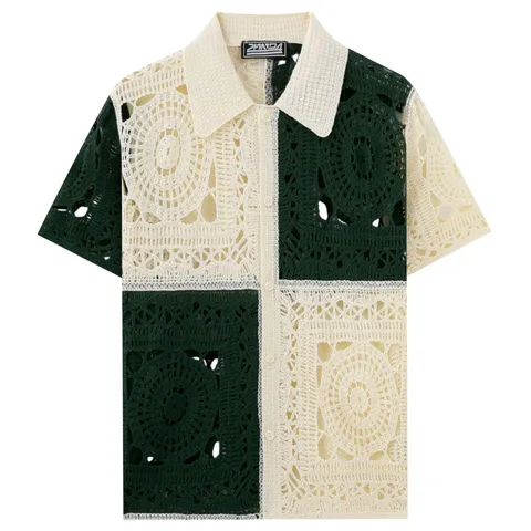 Men Vintage Hollow Out Crochet Knitted Polo Shirt Contrast Color Block Short Sleeve Cardigan Casual Summer Breathable Top