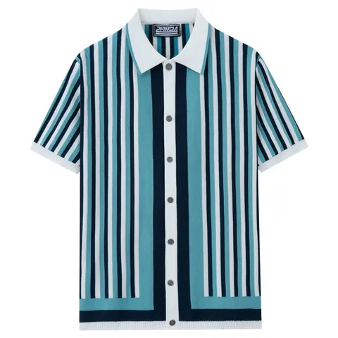 Men's Vintage Contrast Striped Knitted Polo Shirt Short Sleeve Viscose Cardigan Knit Polo Top For Summer Casual Fashion