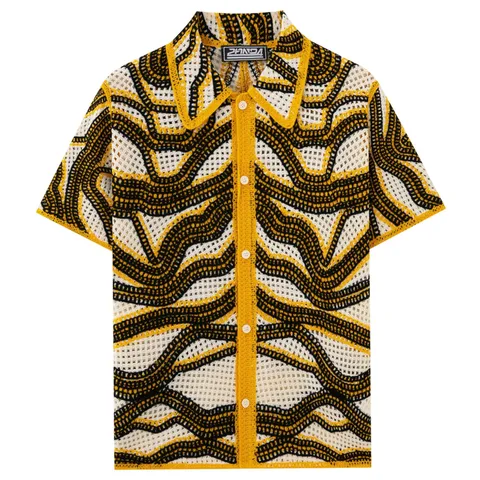 American Retro Men Hollow Wave Pattern Knit POLO Shirt Short Sleeve Button Down Cardigan Summer Breathable Top