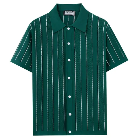 Men's Knitted Vertical Striped Polo Shirt Short Sleeve Business Casual Button Down Cardigan Top For Summer Daily Wear