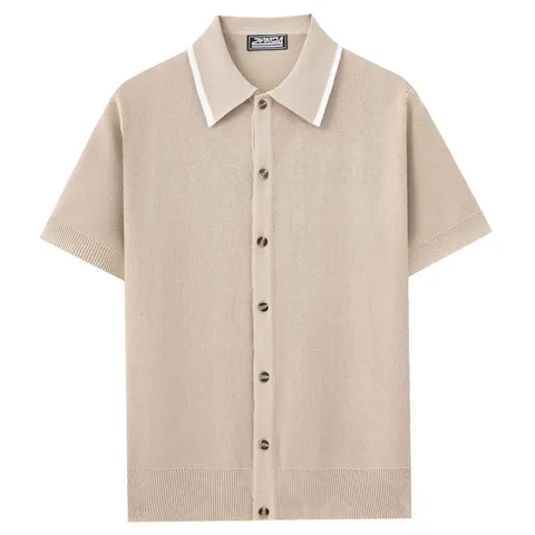 Polo da Uomo in Maglia a Maniche Corte Traspirante Tinta Unita Cardigan con Bottoni Colletto a Contrasto Top in Maglia Casual