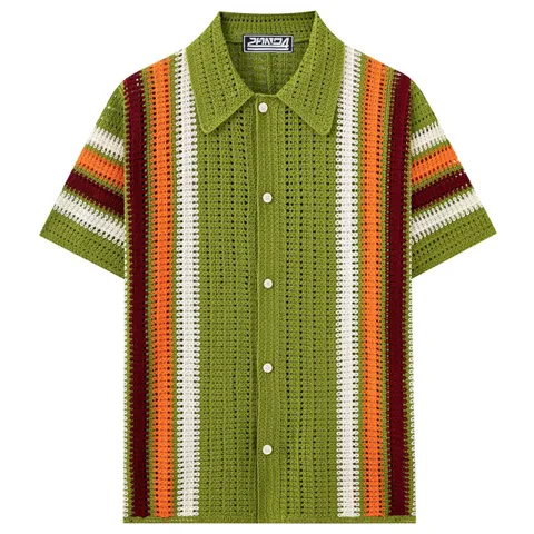 Men Vintage Hollow Crochet Knit Polo Shirt Striped Color Block Short Sleeve Top Summer Breathable Casual Knitwear For Men