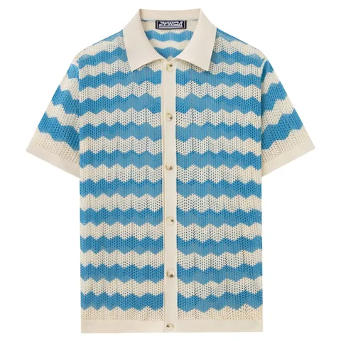 Men's Knitted Polo Shirt Viscose Fiber Short Sleeve Pointelle Mesh Breathable Wavy Striped Button Up Cardigan Casual Summer Top