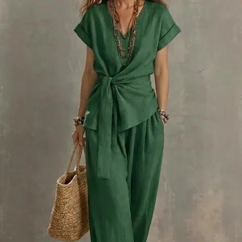 Set Coordinato Donna Minimalista Scollo a V Con Cintura e Pantaloni a Gamba Larga Elegante Tessuto Tinta Unita Completo Casual
