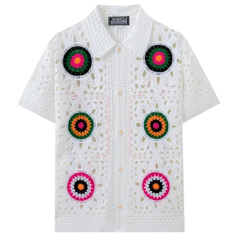 Men Ethnic Style Hollow Out Crochet Knit Polo Shirt Short Sleeve Sun Flower Pattern Casual Cardigan Button Down Top