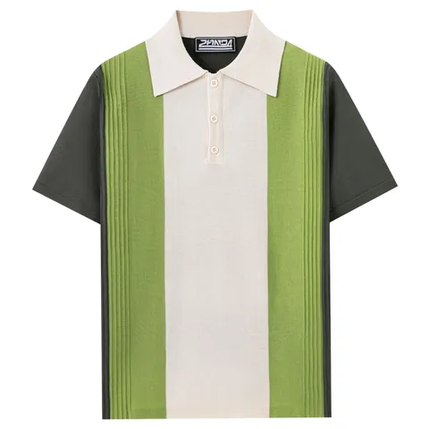 Men's Casual Viscose Knit Polo Shirt Ice Silk Short Sleeve Color Block Vertical Striped Knitted Top For Summer