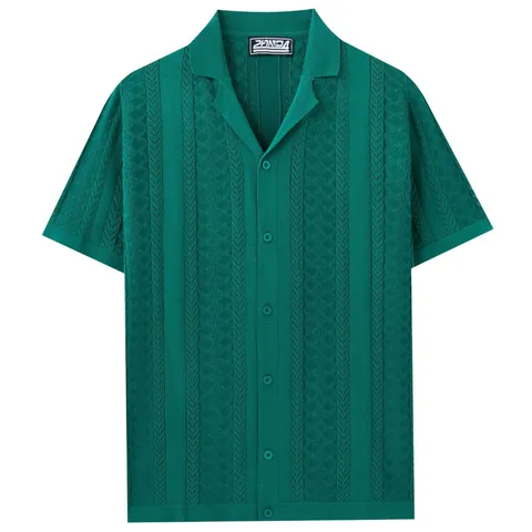 Men Summer Cuban Collar Viscose Pointelle Knit Cardigan Short Sleeve Polo Shirt Hollow Out Casual Plain Button Down Knitwear
