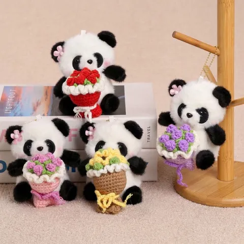 Cute Panda Plush Toy Flower Bouquet Pendant Stuffed Animal Soft Doll Keychains Bag Hanging Ornament Gift For Women Kids
