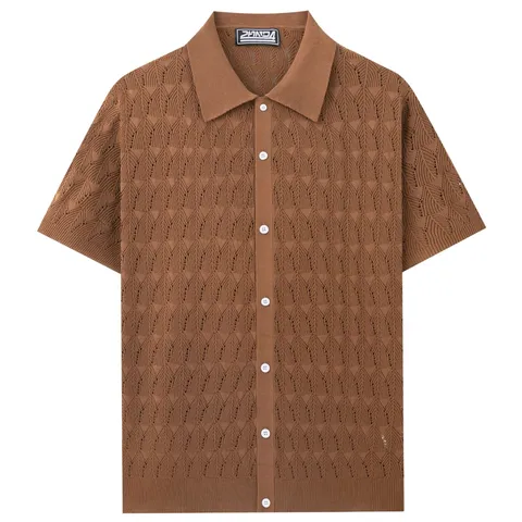 Men's Summer Hollow Out Diamond Jacquard Knit Polo Shirt Short Sleeve Button Down Casual Cardigan Breathable Viscose Top