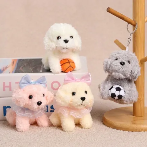 Cute Sitting Teddy Dog Plush Toy Pendant Soft Stuffed Animal Doll With Bowknot Keychain Birthday Gift For Girls