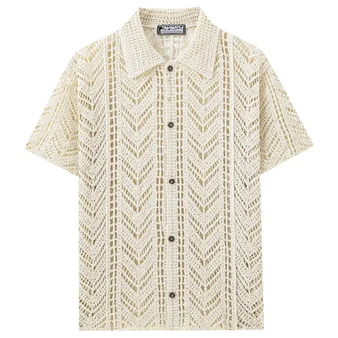 Men's Retro Hollow Out Knit Polo Shirt Short Sleeve Button Down Cardigan Casual Breathable Knitted Shirt Top