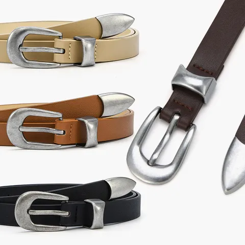 Minimalist PU Leather Belt For Women Retro Alloy Pin Buckle Solid Color Thin Waist Strap Fashion Accessories