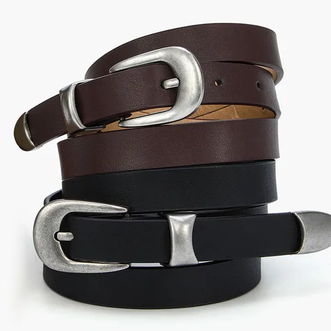 Minimalist PU Leather Belt For Women Retro Alloy Pin Buckle Solid Color Thin Waist Strap Fashion Accessories