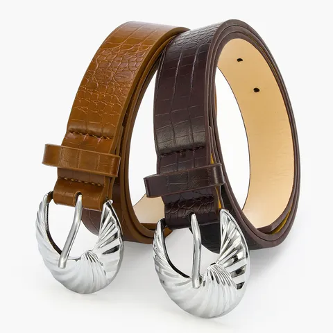 Women Fashion Crocodile Pattern PU Leather Skinny Belt Retro Metal Buckle Casual Jeans Decorative Waist Belt