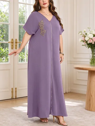 Damen Plus Size V-Ausschnitt Kurzarm L 100ckeres Langes Kleid Lässige Einfarbige Blatt Bestickte Elegante Maxikleid