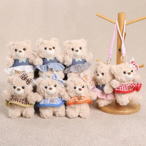 Cute Teddy Bear Plush Toy Pendant Soft Stuffed Animal With Plaid Denim Skirt Bow Bag Charm Girls Gift