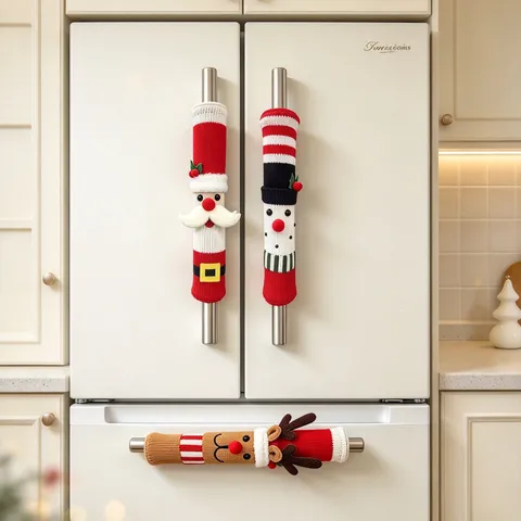 Christmas Refrigerator Handle Covers 3D Plush Knit Santa Claus Snowman Reindeer Kitchen Appliance Decoration Anti-Slip Covers Festive Home Decor