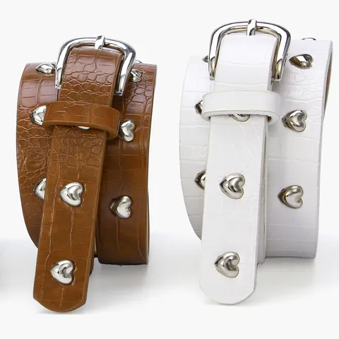 Women Heart Rivet Belt Crocodile Pattern Skinny Leather Belt Fashion Casual Metal Pin Buckle Decorative Waist Belt