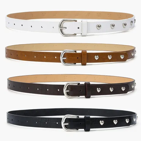 Women Heart Rivet Belt Crocodile Pattern Skinny Leather Belt Fashion Casual Metal Pin Buckle Decorative Waist Belt