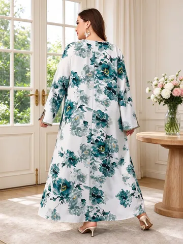 Women's Plus Size Autumn Long Robe Elegant V-Neck Long Sleeve Floral Print Spliced Maxi Dress