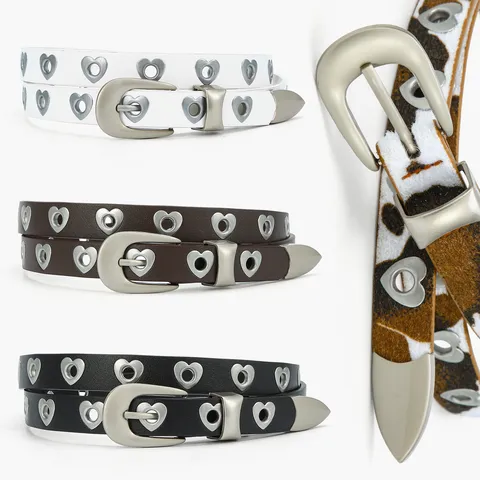 Women's Fashion Thin PU Leather Belt Metal Pin Buckle Heart Eyelet Waist Chain Minimalist Versatile Decorative Waistband