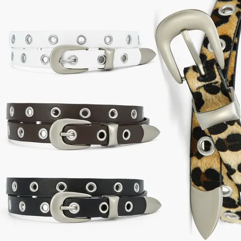 Women's Fashion Thin PU Leather Belt Metal Pin Buckle Heart Eyelet Waist Chain Minimalist Versatile Decorative Waistband