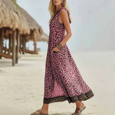 Damen Casual Leopardenmuster Ärmellos Mit Kapuze Kleid Amerikanischer Stil Reißverschluss Tasche Midi Strandkleid
