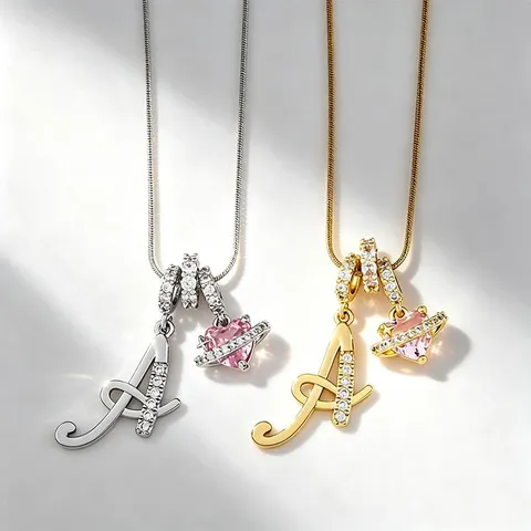 Mode Kupfer Vergoldet Zirkonia Anfangsbuchstabe Anhänger Halskette Mit Rosa Herz Planet Saturn Charme Schlangenkette Für Damen Schmuck