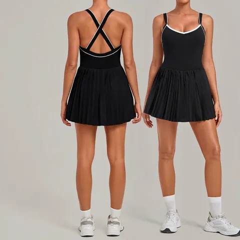 Women's Contrast Color Backless Tennis Dress with Built-in Shorts Pockets Sleeveless Pleated Athletic Dress Nylon Spandex Gym Golf Workout Apparel
