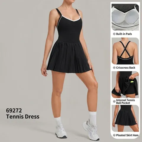 Women's Contrast Color Backless Tennis Dress with Built-in Shorts Pockets Sleeveless Pleated Athletic Dress Nylon Spandex Gym Golf Workout Apparel