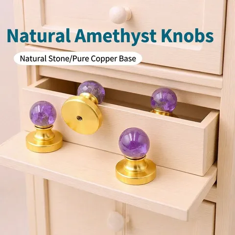 Natural Amethyst Stone Cabinet Knob With Pure Copper Base Luxury Crystal Drawer Pulls Furniture Hardware Pull For Home Decor