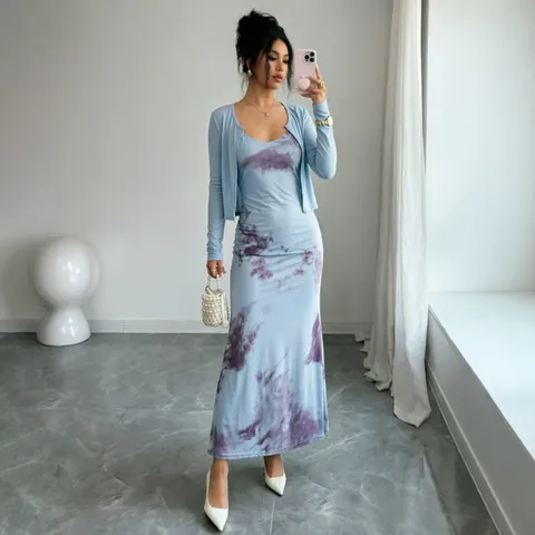 Ensemble Cardigan Et Robe Nuisette Tie-Dye Style Resort Français Pour Femmes Élégant Slim Fit Haut À Manches Longues Et Costume De Jupe