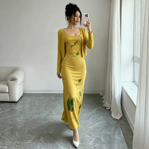 Ensemble Cardigan Et Robe Nuisette Tie-Dye Style Resort Français Pour Femmes Élégant Slim Fit Haut À Manches Longues Et Costume De Jupe