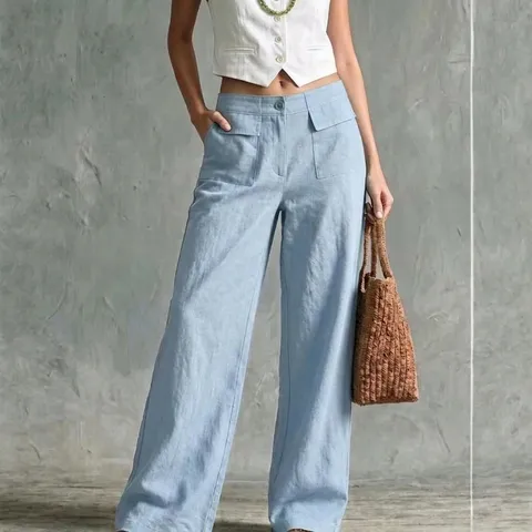 Pantalon à Taille Haute Jambe Large pour Femme Décontracté Ample Coton Polyester Couleur Unie Printemps Été Mode Quotidienne