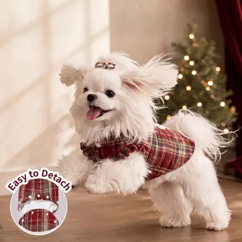 Pet Winter Warm Vest Plaid Fleece Dog Clothes Cute Cartoon Embroidery Puppy Apparel With D-Ring For Small Dogs