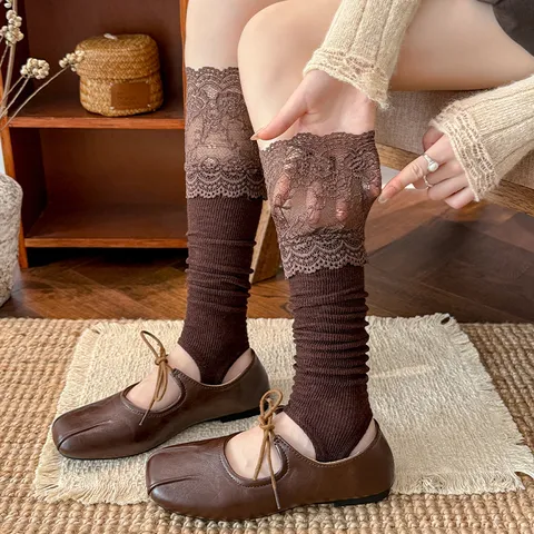 Damen Spitzenbesatz Steigbügel Socken Süß Lolita Gestapelte Wadensocken Frühling Sommer Dünne Casual Baumwolle Lange Stiefelsocken