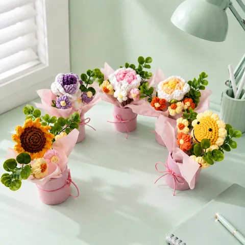 Handmade Knitted Sunflower Rose Bouquet Crochet Wool Flower Holding Bucket Teacher Day Gift Desktop Home Decor Ornament
