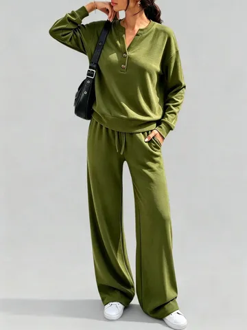 Donne Casual Tinta Unita Manica Lunga Scollo a V Bottoni Top E Vita Alta Gambe Sarghe Pantaloni Larghi Sportivi Set